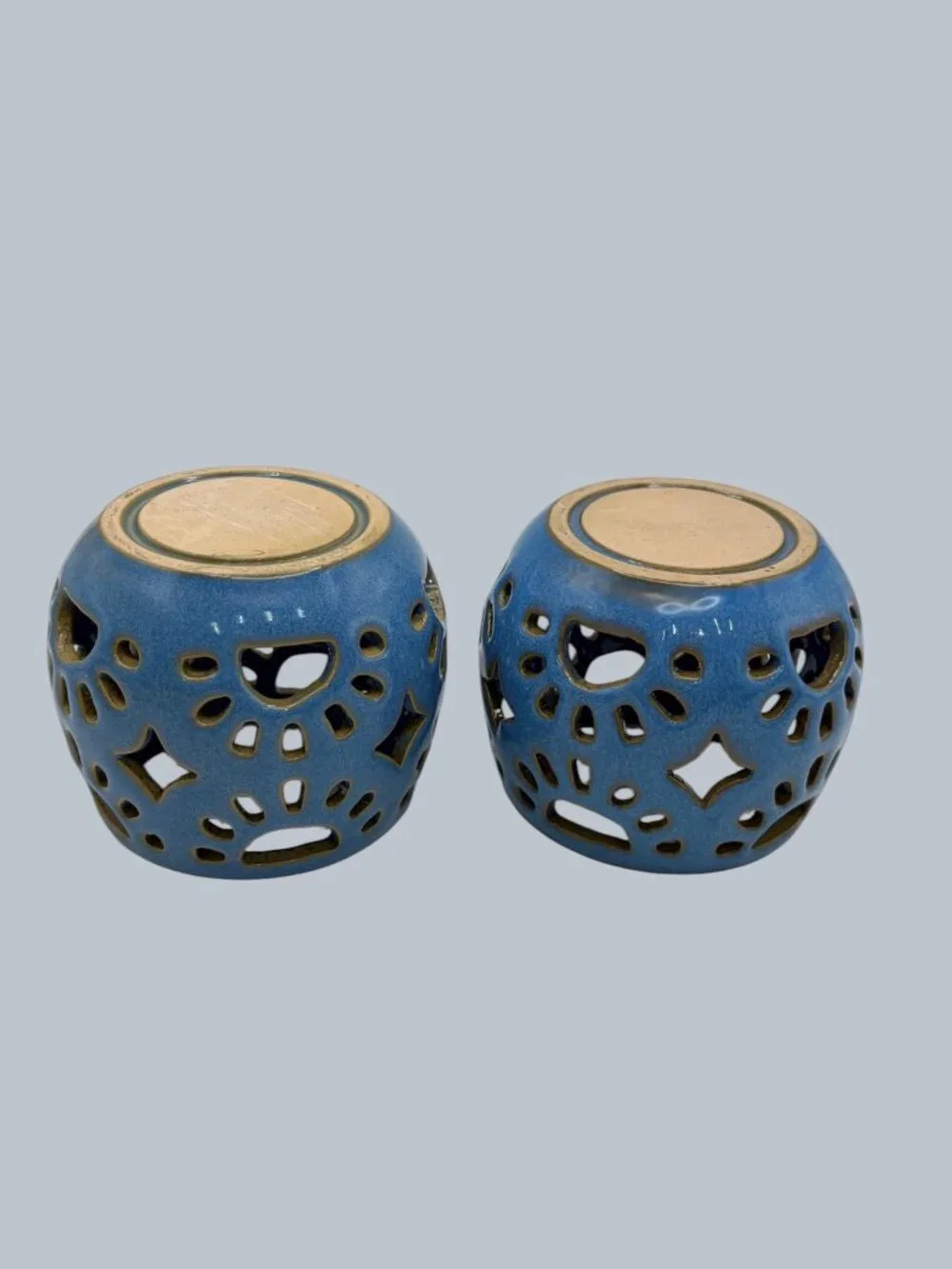 Pair Blue Pierced Ceramic Tea Light Candle Holders Lantern Votive Decor